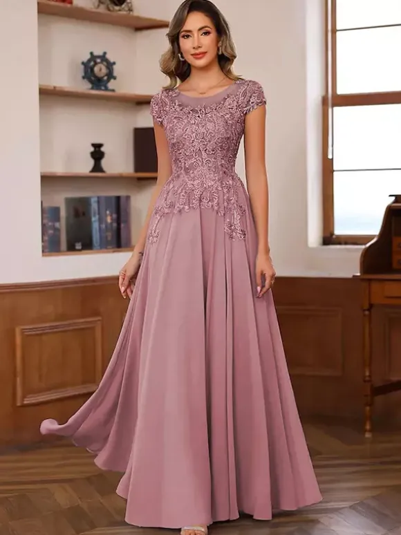 Party Dress For Mother Of The Bride Illusion Neckline Short Sleeves Ball Gown Lace Wedding Guest Dresses