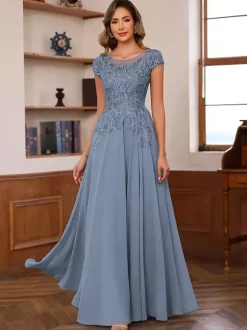 Party Dress For Mother Of The Bride Illusion Neckline Short Sleeves Ball Gown Lace Wedding Guest Dresses