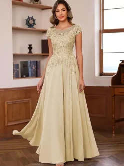 Party Dress For Mother Of The Bride Illusion Neckline Short Sleeves Ball Gown Lace Wedding Guest Dresses