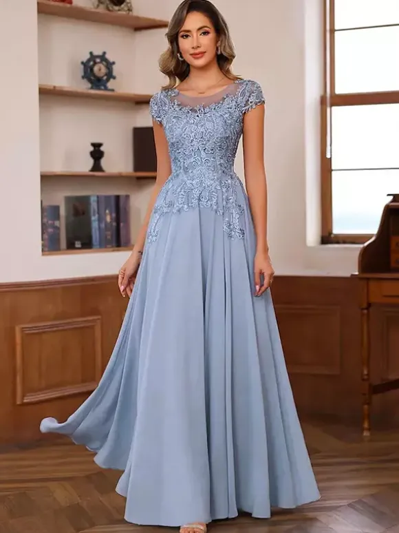 Party Dress For Mother Of The Bride Illusion Neckline Short Sleeves Ball Gown Lace Wedding Guest Dresses
