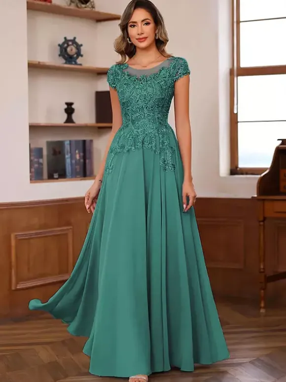 Party Dress For Mother Of The Bride Illusion Neckline Short Sleeves Ball Gown Lace Wedding Guest Dresses