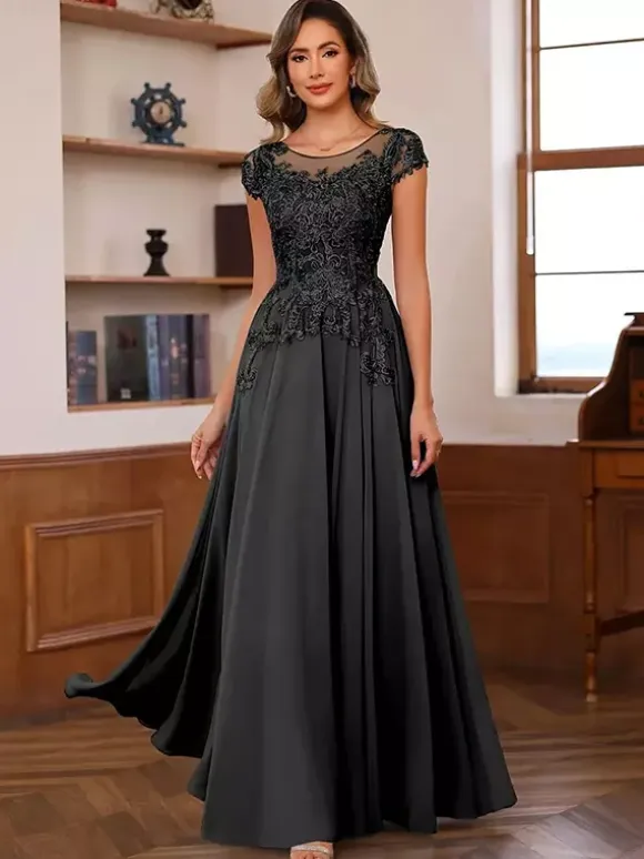 Party Dress For Mother Of The Bride Illusion Neckline Short Sleeves Ball Gown Lace Wedding Guest Dresses