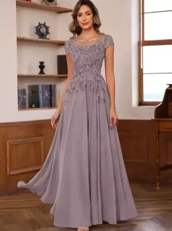 Party Dress For Mother Of The Bride Illusion Neckline Short Sleeves Ball Gown Lace Wedding Guest Dresses