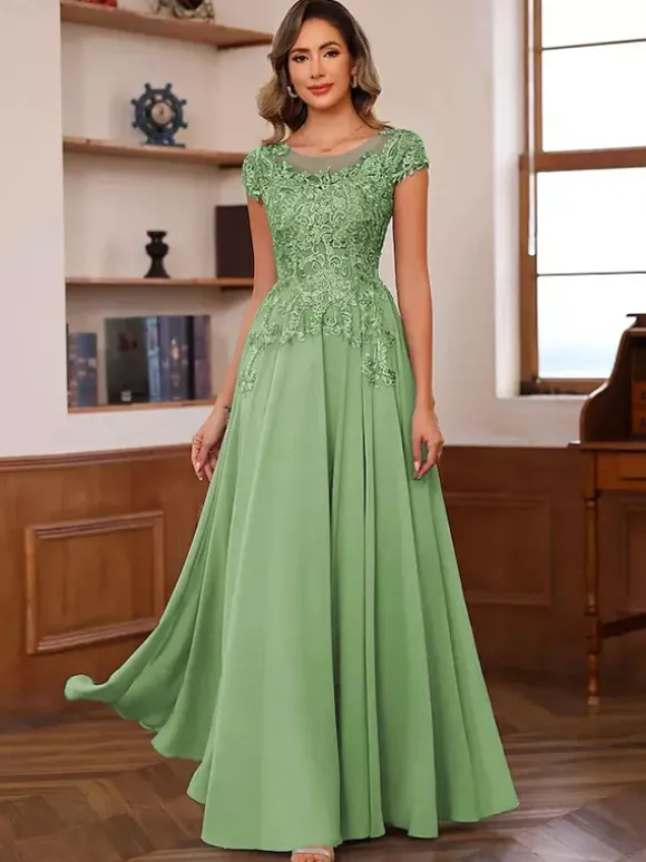 Party Dress For Mother Of The Bride Illusion Neckline Short Sleeves Ball Gown Lace Wedding Guest Dresses