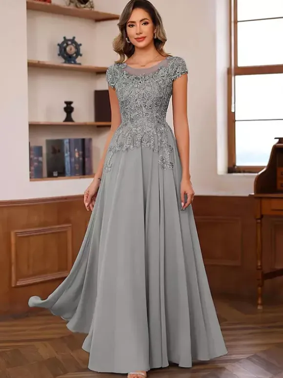 Party Dress For Mother Of The Bride Illusion Neckline Short Sleeves Ball Gown Lace Wedding Guest Dresses