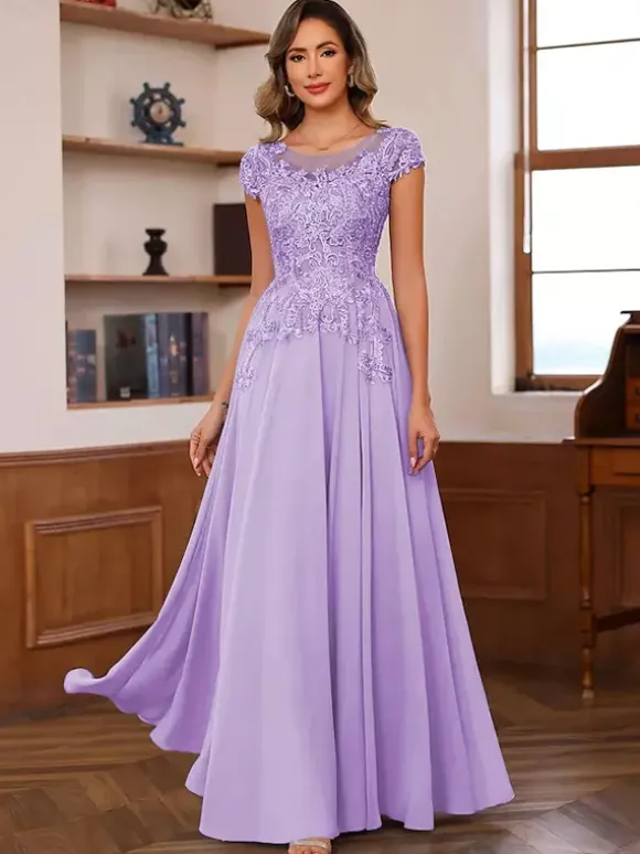 Party Dress For Mother Of The Bride Illusion Neckline Short Sleeves Ball Gown Lace Wedding Guest Dresses