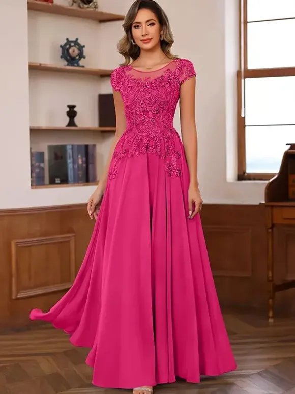Party Dress For Mother Of The Bride Illusion Neckline Short Sleeves Ball Gown Lace Wedding Guest Dresses