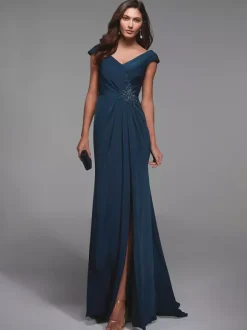 Party Dress For Mother Of The Bride V-Neck Short Sleeves Lace Detials Mermaid Guest Dresses For Wedding