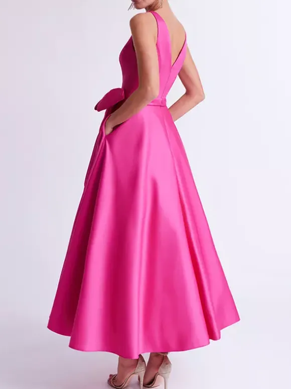 Party Dress For Mother Of The Bride V-Neck Sleeveless A-Line Bows Guest Dresses For Wedding