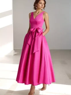 Party Dress For Mother Of The Bride V-Neck Sleeveless A-Line Bows Guest Dresses For Wedding