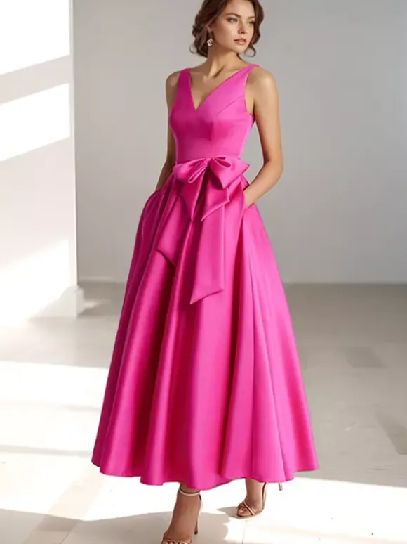 Party Dress For Mother Of The Bride V-Neck Sleeveless A-Line Bows Guest Dresses For Wedding