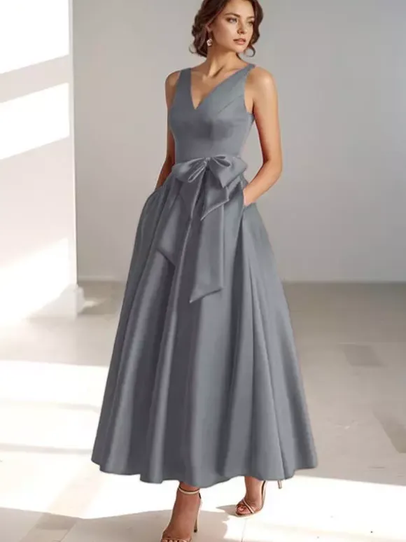 Party Dress For Mother Of The Bride V-Neck Sleeveless A-Line Bows Guest Dresses For Wedding