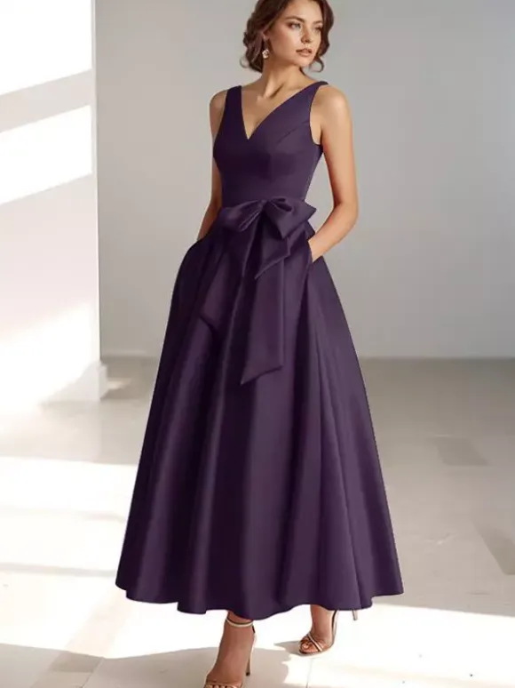 Party Dress For Mother Of The Bride V-Neck Sleeveless A-Line Bows Guest Dresses For Wedding