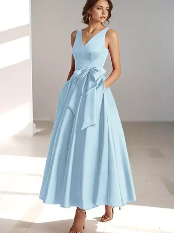 Party Dress For Mother Of The Bride V-Neck Sleeveless A-Line Bows Guest Dresses For Wedding