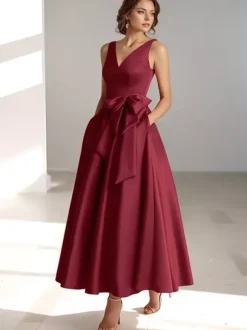Party Dress For Mother Of The Bride V-Neck Sleeveless A-Line Bows Guest Dresses For Wedding