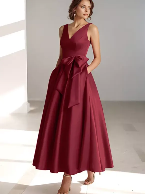 Party Dress For Mother Of The Bride V-Neck Sleeveless A-Line Bows Guest Dresses For Wedding
