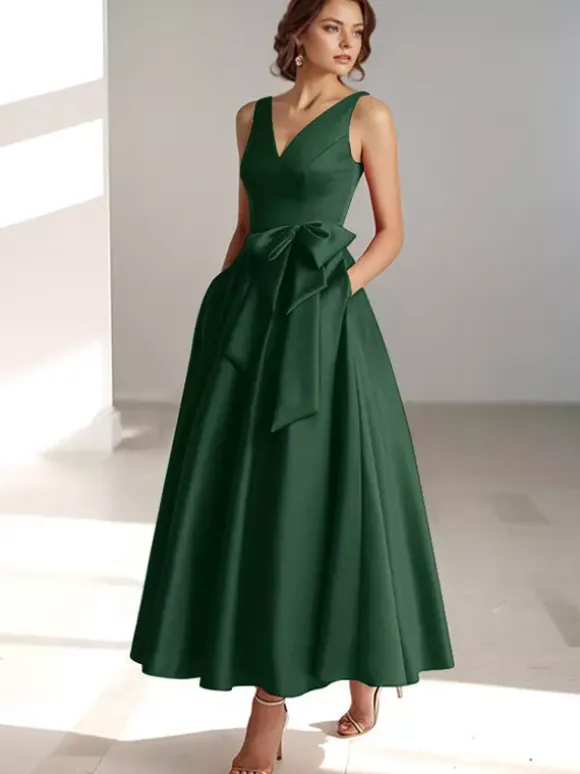 Party Dress For Mother Of The Bride V-Neck Sleeveless A-Line Bows Guest Dresses For Wedding