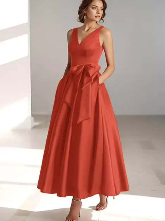 Party Dress For Mother Of The Bride V-Neck Sleeveless A-Line Bows Guest Dresses For Wedding