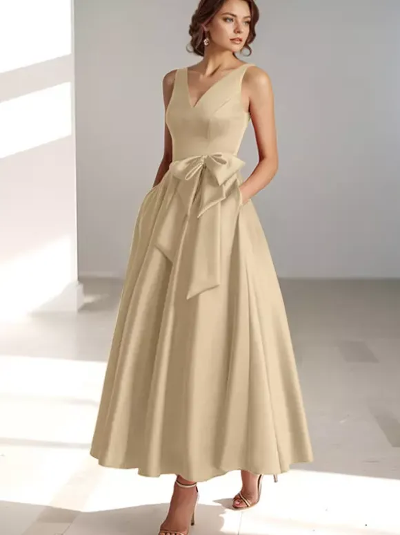 Party Dress For Mother Of The Bride V-Neck Sleeveless A-Line Bows Guest Dresses For Wedding