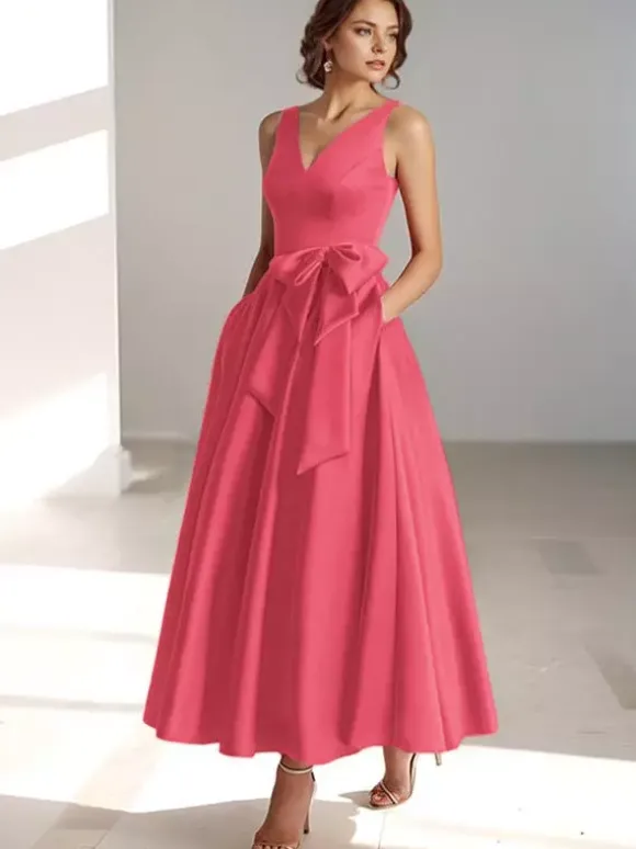 Party Dress For Mother Of The Bride V-Neck Sleeveless A-Line Bows Guest Dresses For Wedding