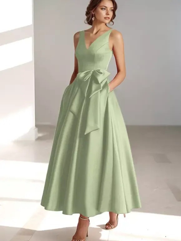 Party Dress For Mother Of The Bride V-Neck Sleeveless A-Line Bows Guest Dresses For Wedding