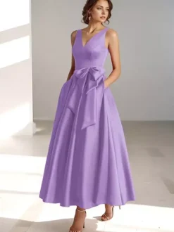 Party Dress For Mother Of The Bride V-Neck Sleeveless A-Line Bows Guest Dresses For Wedding