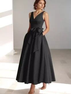 Party Dress For Mother Of The Bride V-Neck Sleeveless A-Line Bows Guest Dresses For Wedding