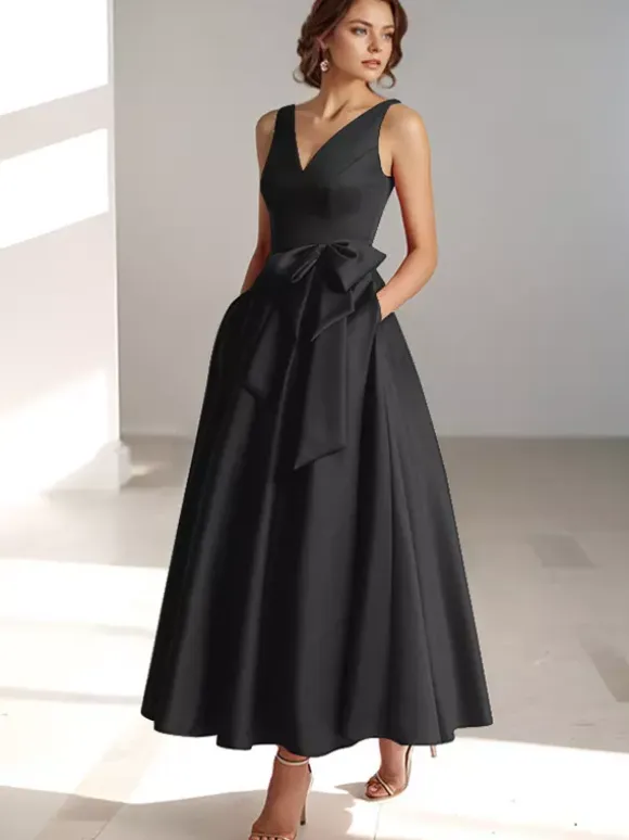 Party Dress For Mother Of The Bride V-Neck Sleeveless A-Line Bows Guest Dresses For Wedding