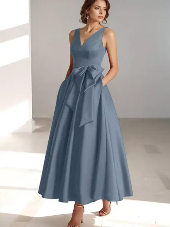Party Dress For Mother Of The Bride V-Neck Sleeveless A-Line Bows Guest Dresses For Wedding