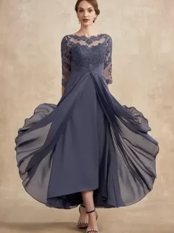 Party Dress For Mother Of The Bride Jewel Neck 3/4 Length Sleeves A-Line Lace Guest Dresses For Wedding