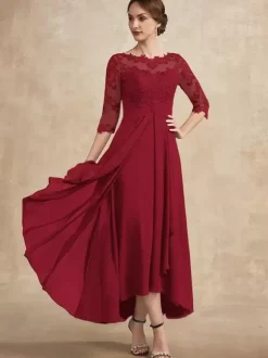 Party Dress For Mother Of The Bride Jewel Neck 3/4 Length Sleeves A-Line Lace Guest Dresses For Wedding