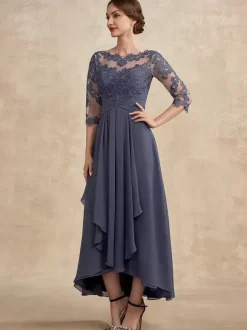 Party Dress For Mother Of The Bride Jewel Neck 3/4 Length Sleeves A-Line Lace Guest Dresses For Wedding