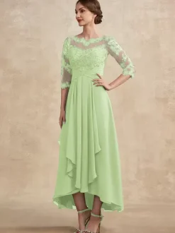 Party Dress For Mother Of The Bride Jewel Neck 3/4 Length Sleeves A-Line Lace Guest Dresses For Wedding