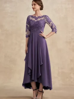 Party Dress For Mother Of The Bride Jewel Neck 3/4 Length Sleeves A-Line Lace Guest Dresses For Wedding