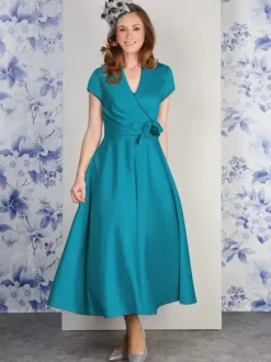 Party Dress For Mother Of The Bride V-Neck Short Sleeves A-Line Flowers Ankle-Length Guest Dresses For Wedding