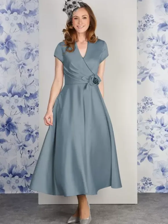 Party Dress For Mother Of The Bride V-Neck Short Sleeves A-Line Flowers Ankle-Length Guest Dresses For Wedding