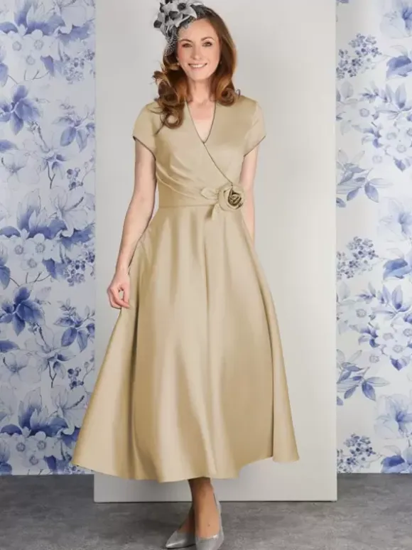 Party Dress For Mother Of The Bride V-Neck Short Sleeves A-Line Flowers Ankle-Length Guest Dresses For Wedding
