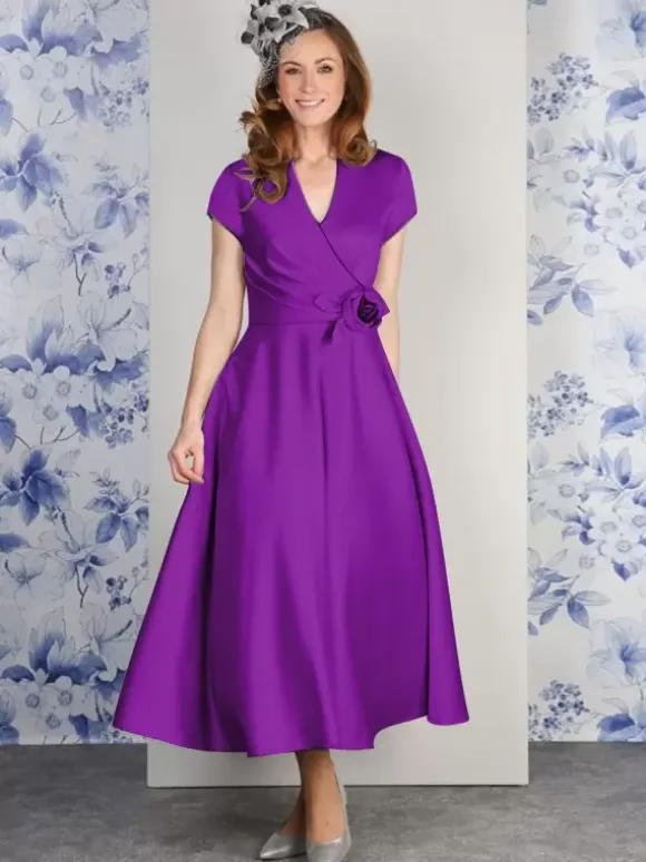 Party Dress For Mother Of The Bride V-Neck Short Sleeves A-Line Flowers Ankle-Length Guest Dresses For Wedding
