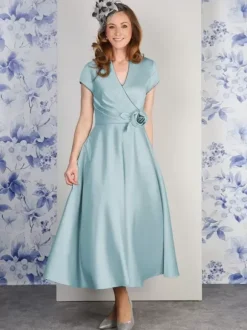 Party Dress For Mother Of The Bride V-Neck Short Sleeves A-Line Flowers Ankle-Length Guest Dresses For Wedding