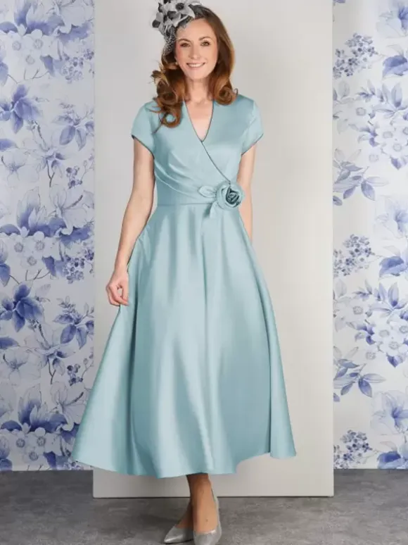 Party Dress For Mother Of The Bride V-Neck Short Sleeves A-Line Flowers Ankle-Length Guest Dresses For Wedding