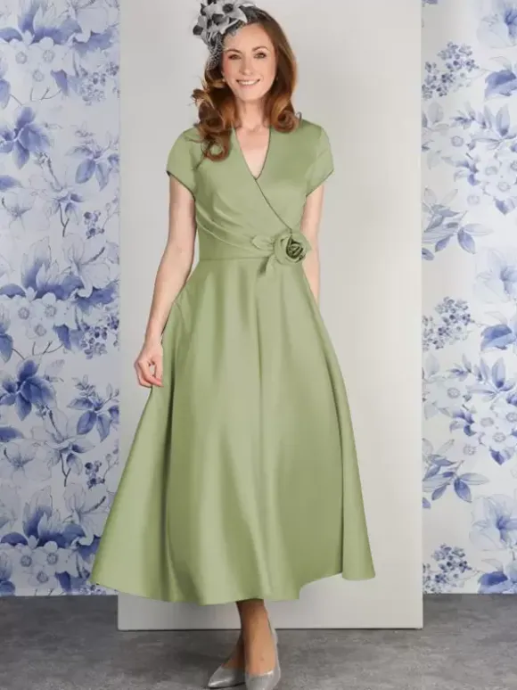 Party Dress For Mother Of The Bride V-Neck Short Sleeves A-Line Flowers Ankle-Length Guest Dresses For Wedding