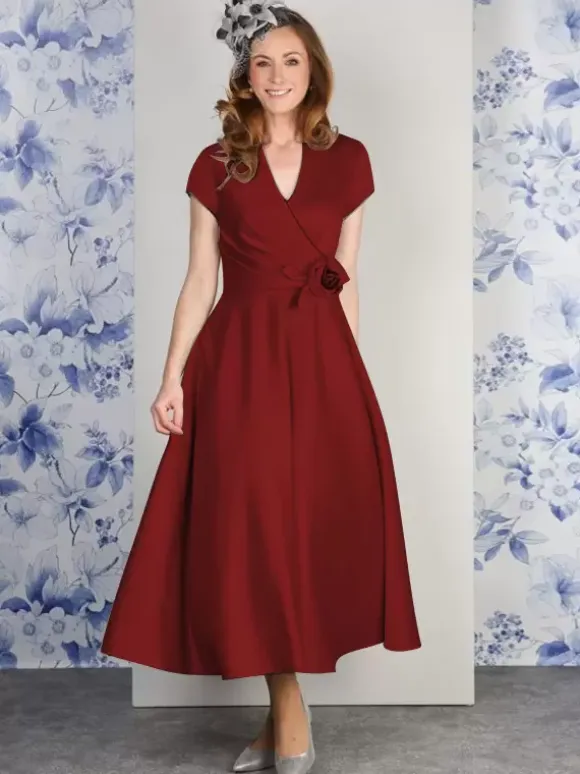 Party Dress For Mother Of The Bride V-Neck Short Sleeves A-Line Flowers Ankle-Length Guest Dresses For Wedding