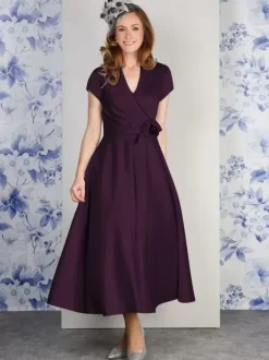 Party Dress For Mother Of The Bride V-Neck Short Sleeves A-Line Flowers Ankle-Length Guest Dresses For Wedding