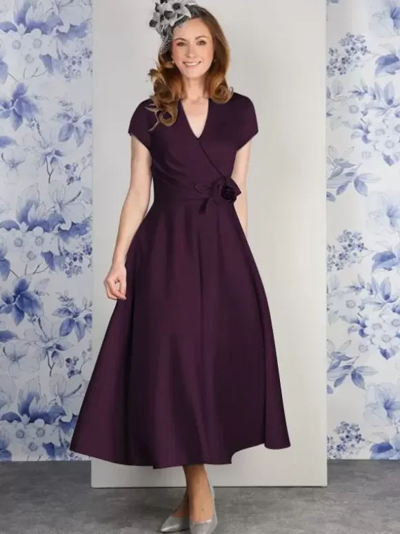 Party Dress For Mother Of The Bride V-Neck Short Sleeves A-Line Flowers Ankle-Length Guest Dresses For Wedding