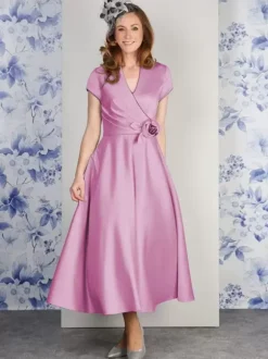 Party Dress For Mother Of The Bride V-Neck Short Sleeves A-Line Flowers Ankle-Length Guest Dresses For Wedding