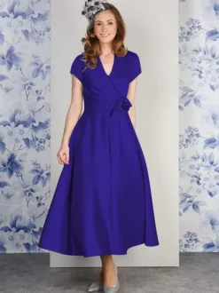 Party Dress For Mother Of The Bride V-Neck Short Sleeves A-Line Flowers Ankle-Length Guest Dresses For Wedding