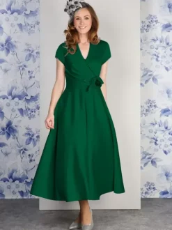 Party Dress For Mother Of The Bride V-Neck Short Sleeves A-Line Flowers Ankle-Length Guest Dresses For Wedding