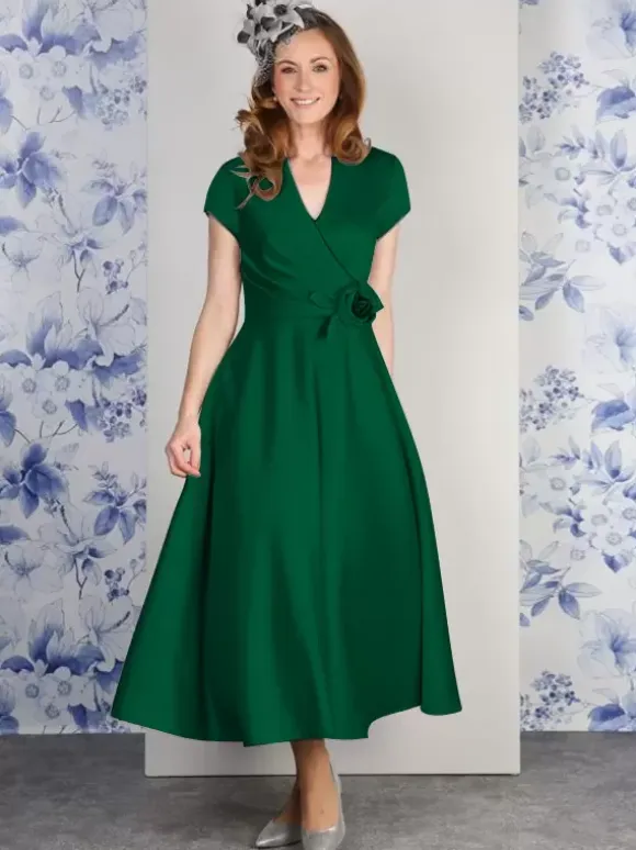 Party Dress For Mother Of The Bride V-Neck Short Sleeves A-Line Flowers Ankle-Length Guest Dresses For Wedding