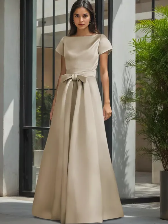 Party Dress For Mother Of The Bride Jewel Neck Short Sleeves A-Line Sash Wedding Guest Dresses
