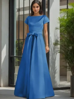 Party Dress For Mother Of The Bride Jewel Neck Short Sleeves A-Line Sash Wedding Guest Dresses